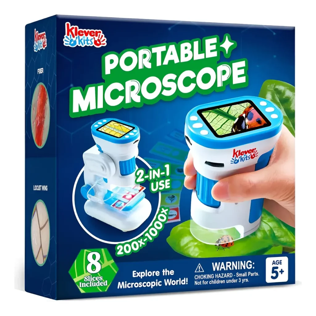 Microscopio Para Niños Klever Kits 2 En 1 Hd 1000x Led 32gb Blanco